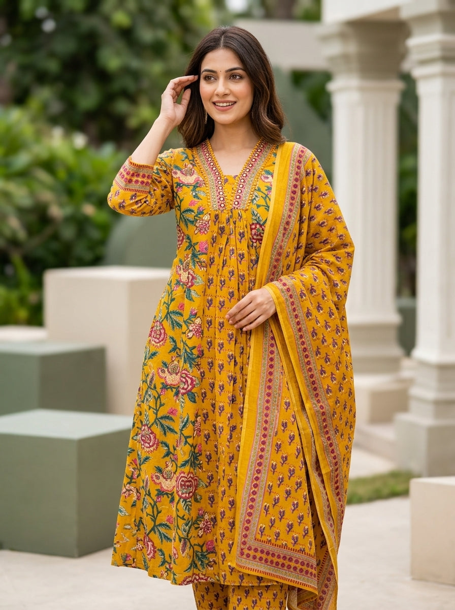 Naina Green Floral Print Five Panel Cotton Salwar Suit Set | Ank