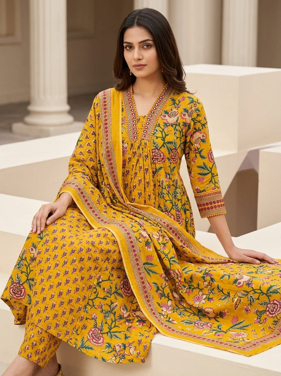 Naina Green Floral Print Five Panel Cotton Salwar Suit Set | Ank