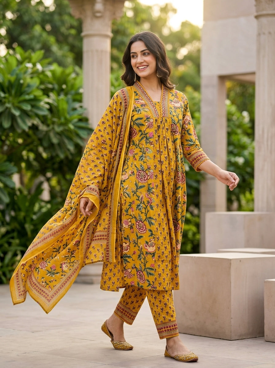 Naina Green Floral Print Five Panel Cotton Salwar Suit Set | Ank