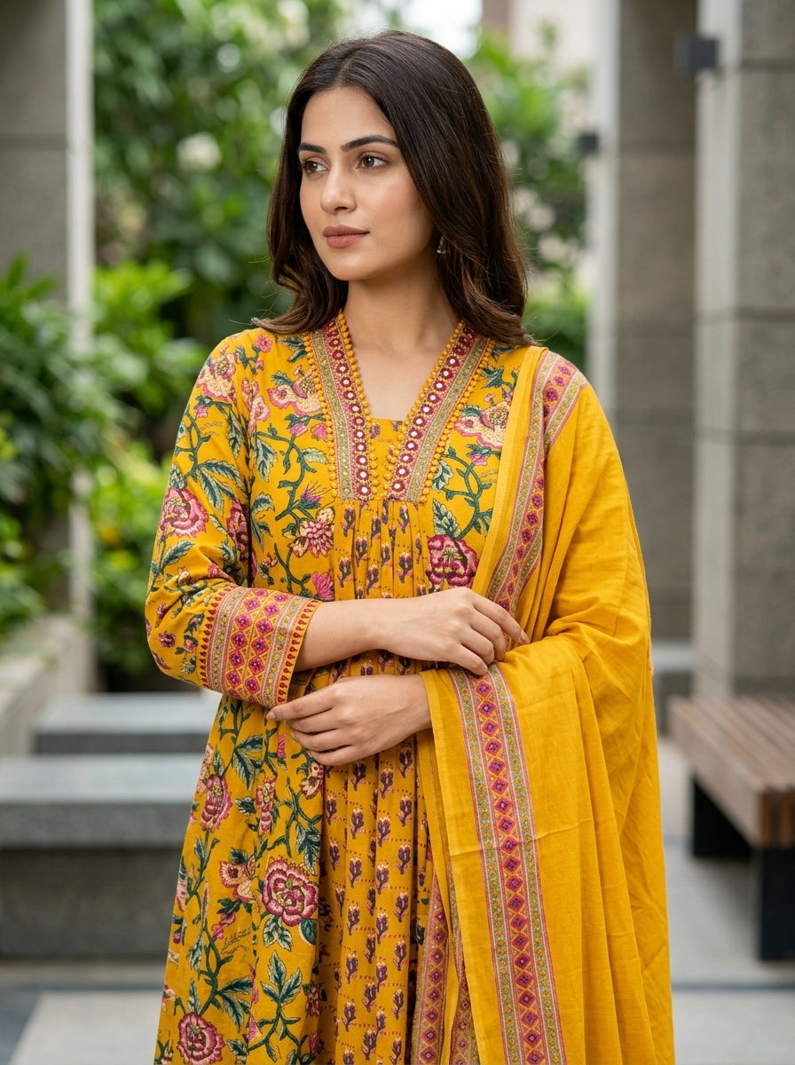 Naina Green Floral Print Five Panel Cotton Salwar Suit Set | Ank