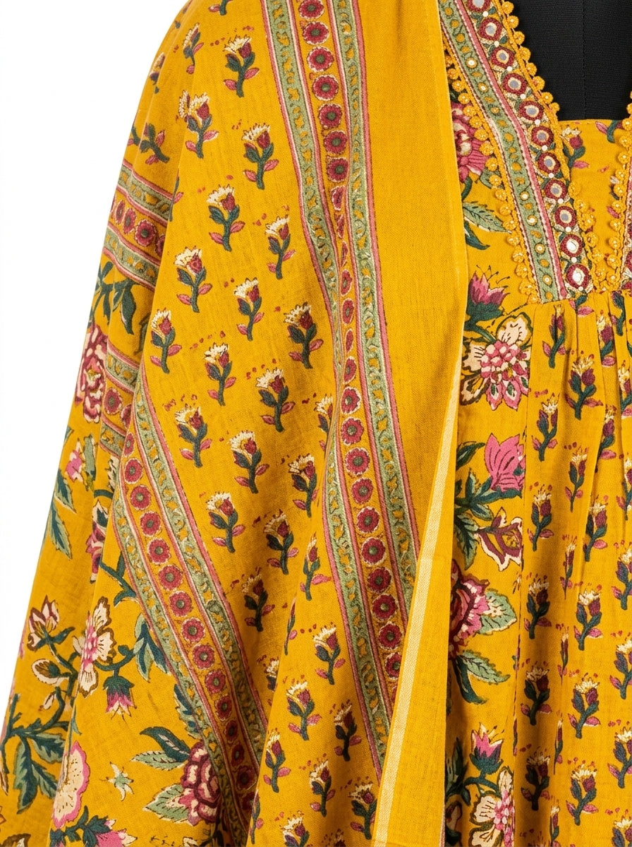 Naina Green Floral Print Five Panel Cotton Salwar Suit Set | Ank