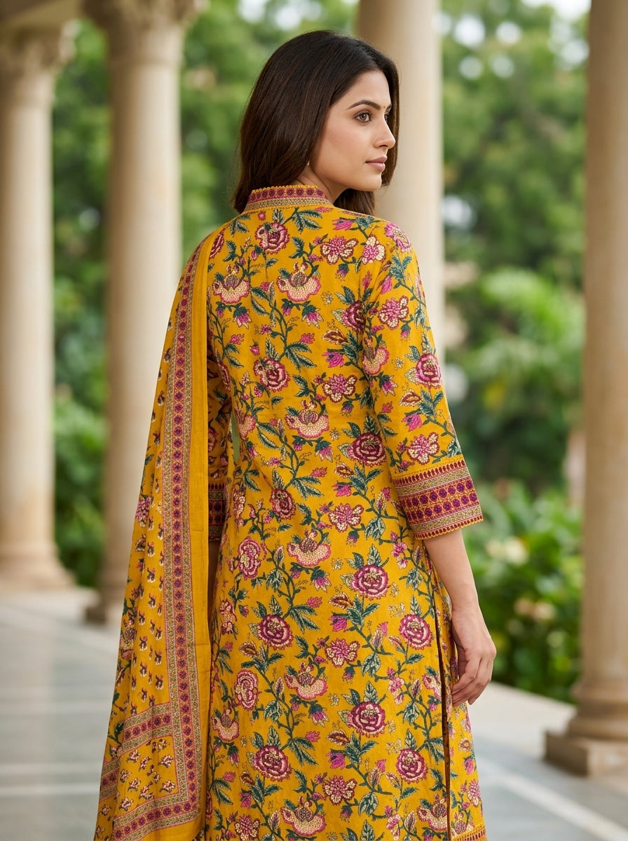Naina Green Floral Print Five Panel Cotton Salwar Suit Set | Ank