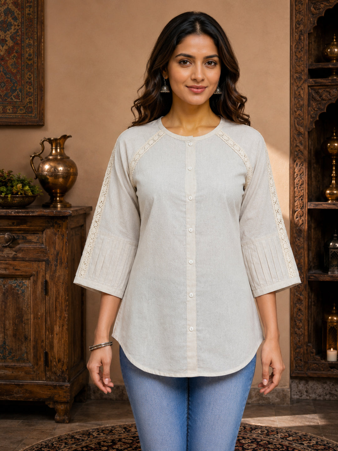 Minu Nidhi Women Solid Colour Round Neck Top