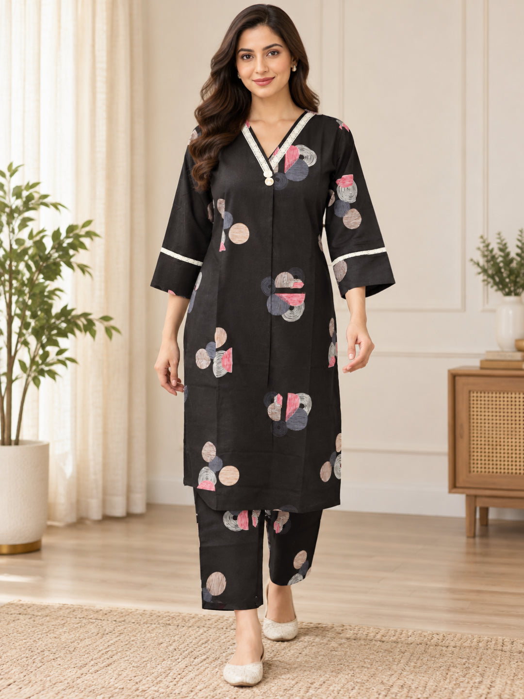 Anouk Luna Brown Pure Cotton Digital Print Co-Ord Set for Women | V Neck Lace Work Straight Fit Top with Elasticated Waist Trouser