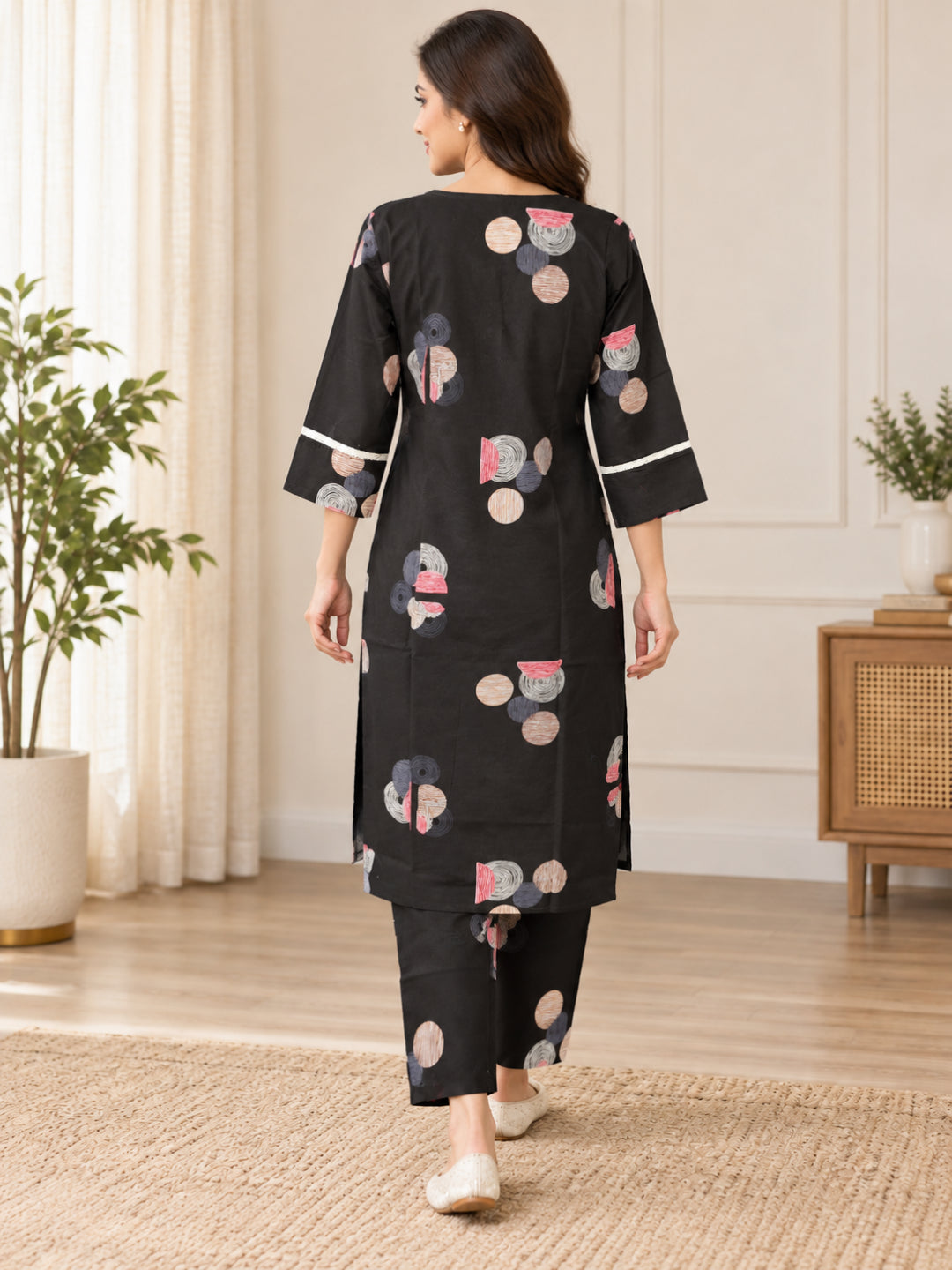 Anouk Luna Brown Pure Cotton Digital Print Co-Ord Set for Women | V Neck Lace Work Straight Fit Top with Elasticated Waist Trouser