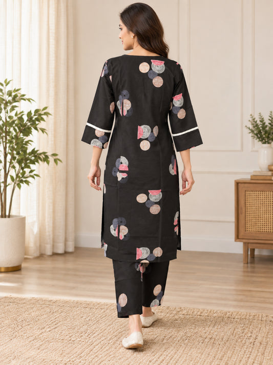 Anouk Luna Brown Pure Cotton Digital Print Co-Ord Set for Women | V Neck Lace Work Straight Fit Top with Elasticated Waist Trouser