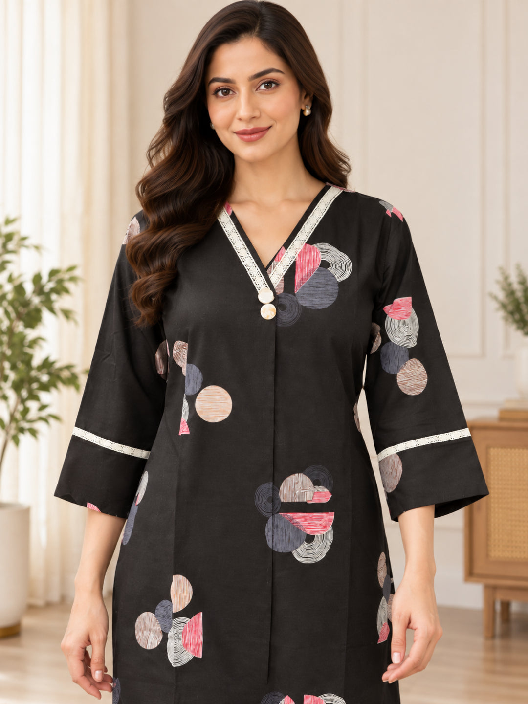 Anouk Luna Brown Pure Cotton Digital Print Co-Ord Set for Women | V Neck Lace Work Straight Fit Top with Elasticated Waist Trouser