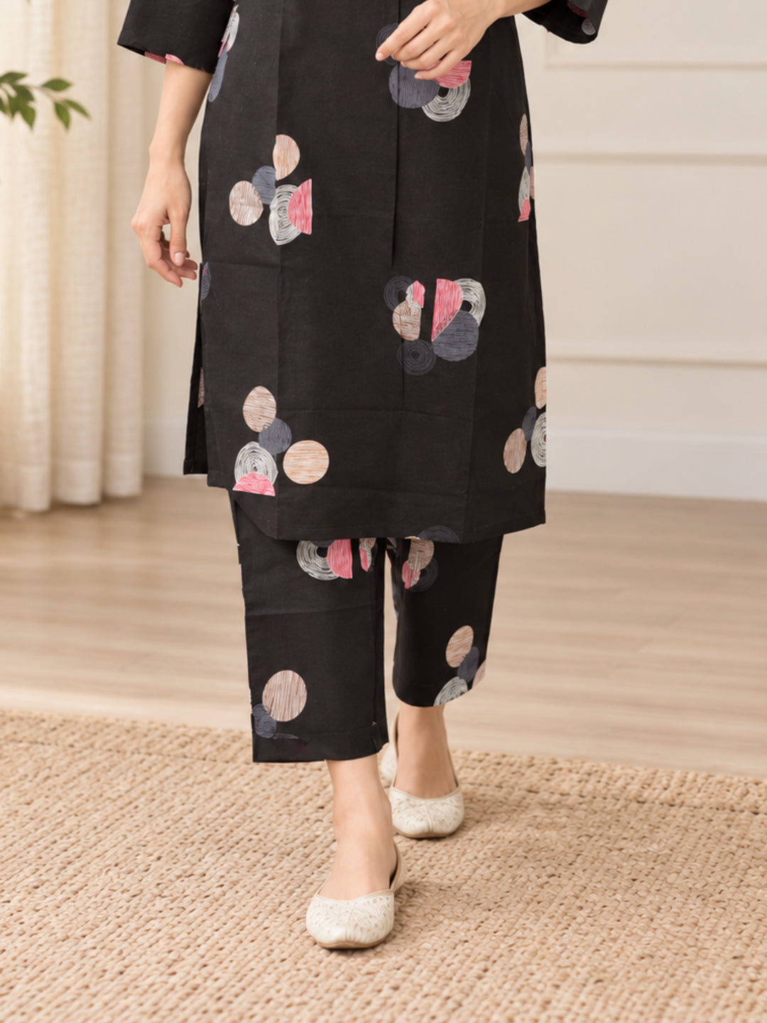 Anouk Luna Brown Pure Cotton Digital Print Co-Ord Set for Women | V Neck Lace Work Straight Fit Top with Elasticated Waist Trouser