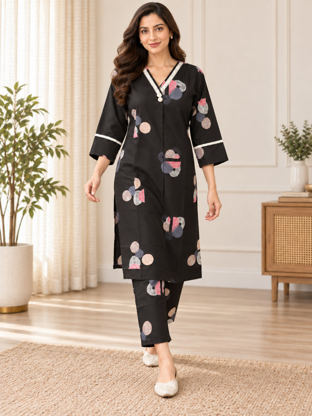 Anouk Luna Brown Pure Cotton Digital Print Co-Ord Set for Women | V Neck Lace Work Straight Fit Top with Elasticated Waist Trouser