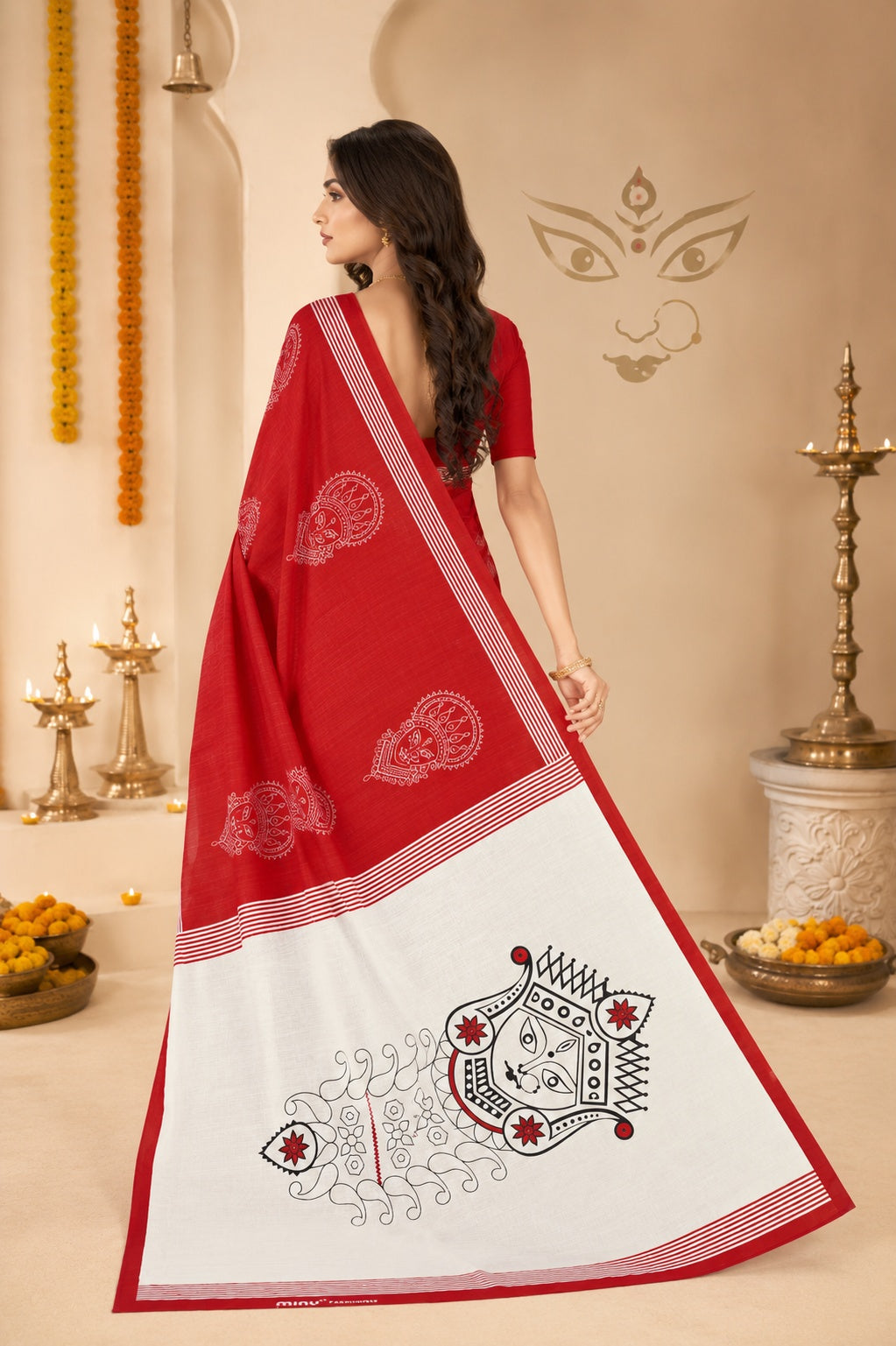 Minu | Women Red & White Durga Puja Special Folk Art Printed Saree