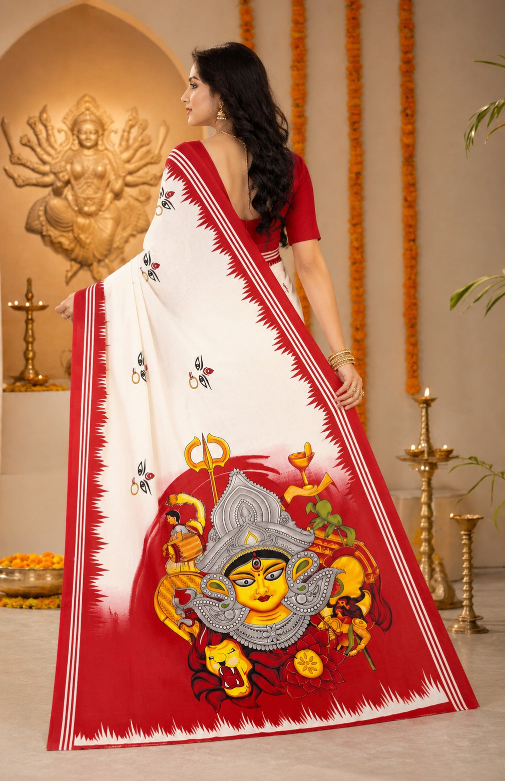 Minu | Women Durga Puja Special White Malai Cotton Folk Art Printed Saree with Red Border