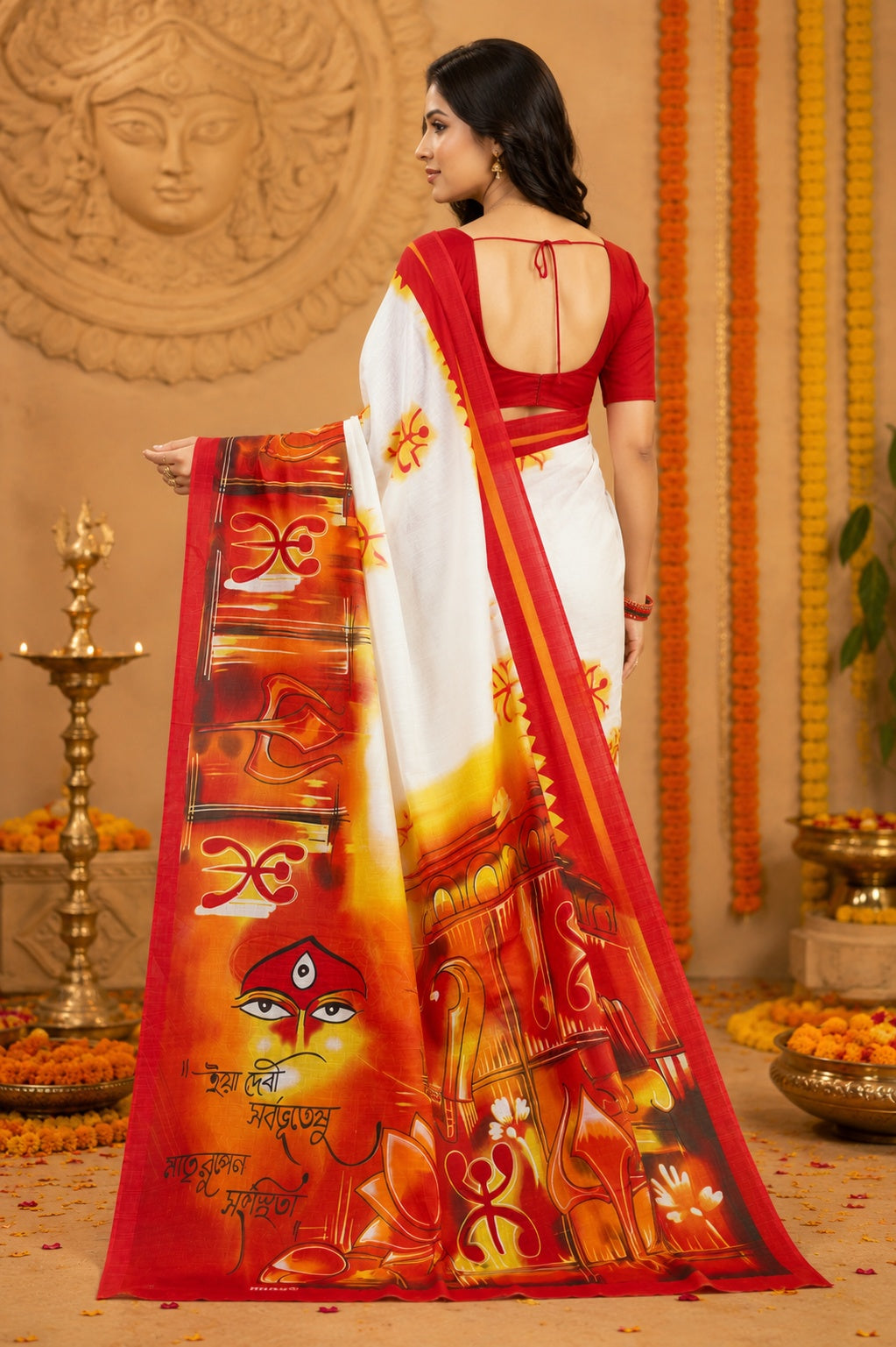 Minu | Women Durga Puja Special Multicolor Malai Cotton Folk Art Printed Saree