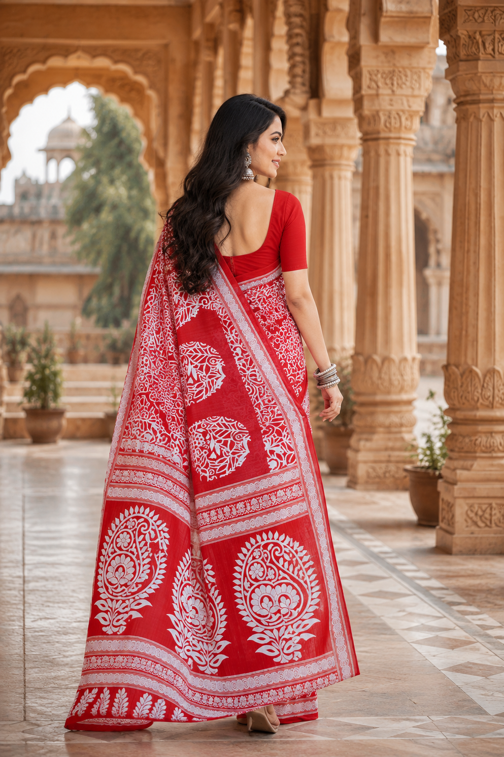 Women’s Pure Cotton Red Paisley Saree