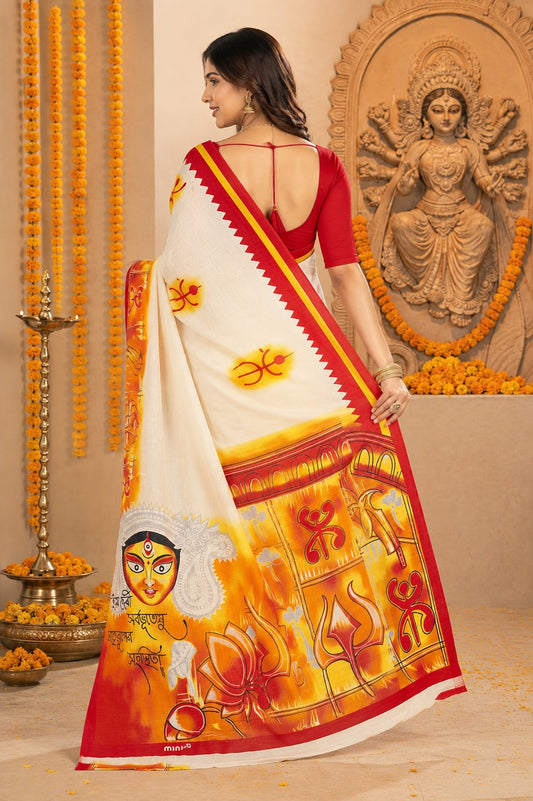Minu | Women Durga Puja Special White Malai Cotton Folk Art Printed Saree