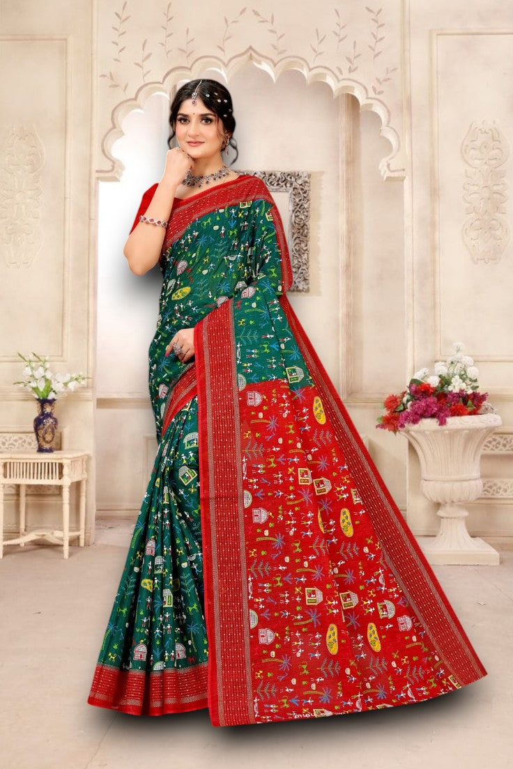 Boutique Special Gold Cotton Printed Green Saree