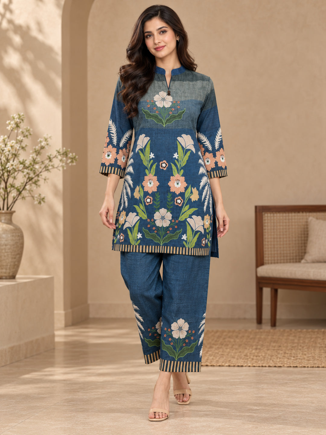 Juni Cotton Slub Digital Print Co-Ord Set for Women