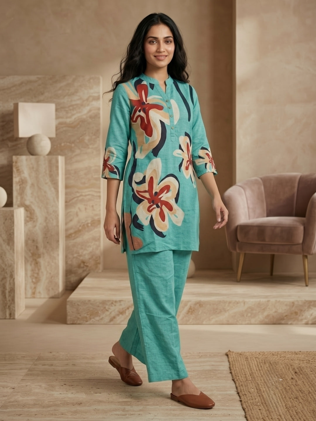 Juni Cotton Slub Digital Print Co-Ord Set for Women