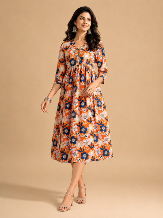 Minu Fashions Women Satin Floral Printed Flared Kurti