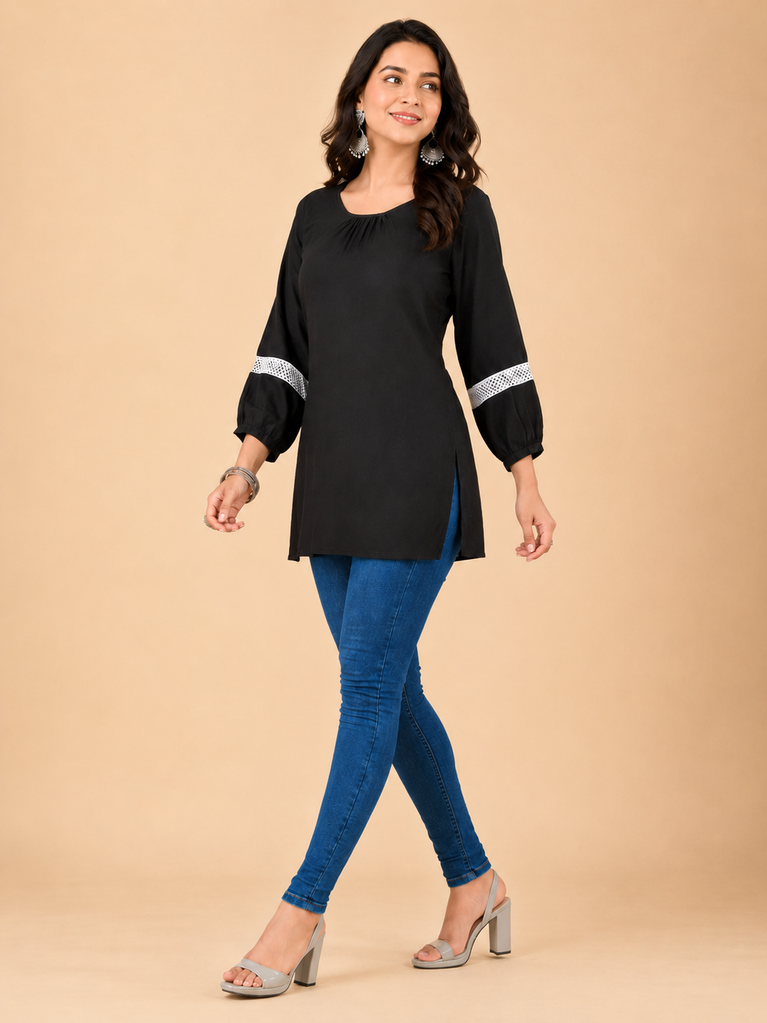 Women's Solid Black Crepe Straight Kurti with Lace-Detailed 3/4 Sleeves