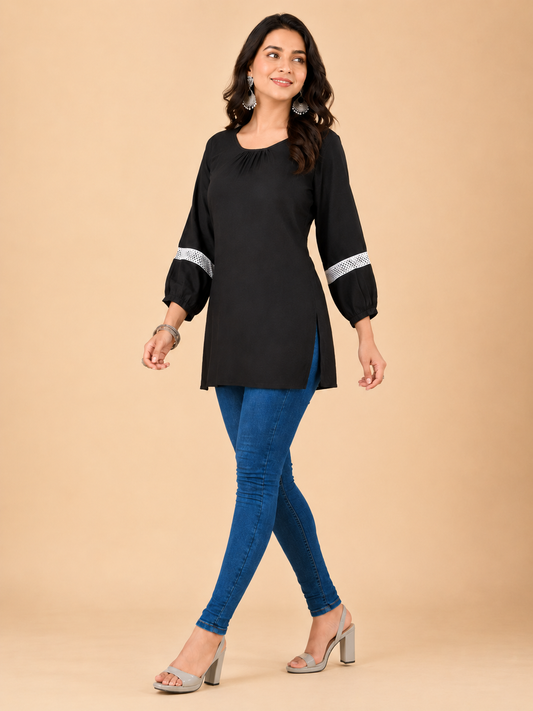 Women's Solid Black Crepe Straight Kurti with Lace-Detailed 3/4 Sleeves