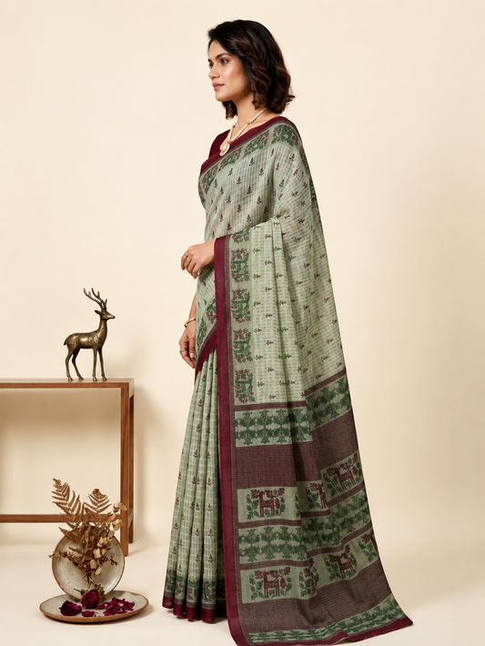 Minu fashions Printed Daily Wear Pure Cotton Saree (Grey)