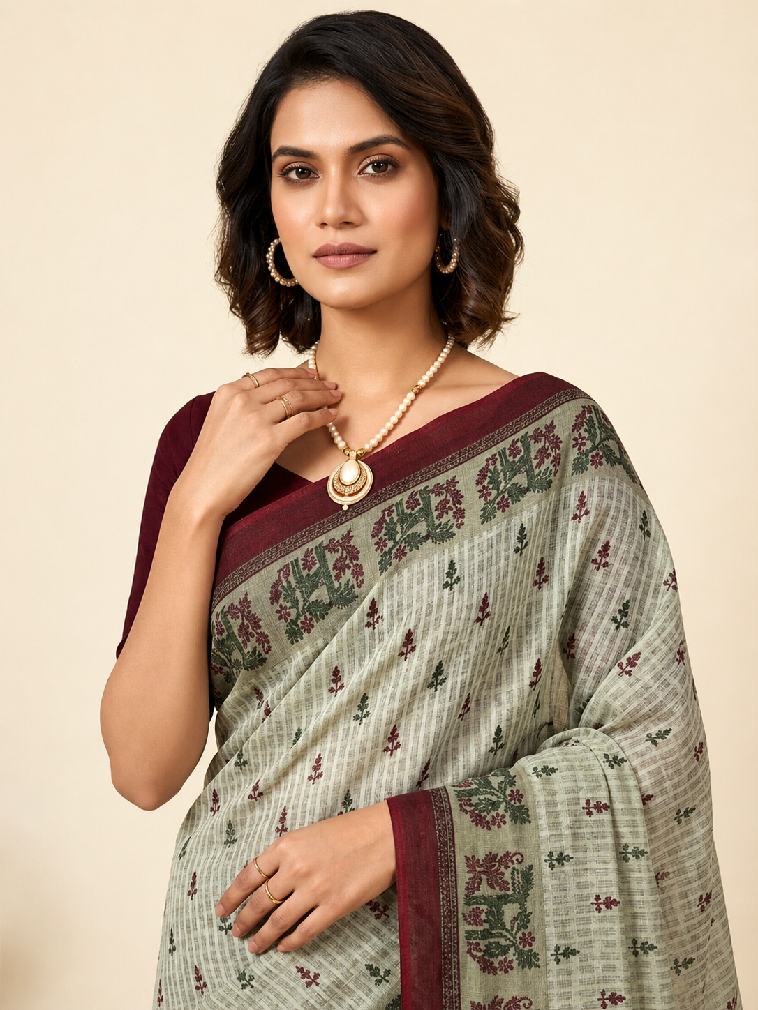 Minu fashions Printed Daily Wear Pure Cotton Saree (Grey)