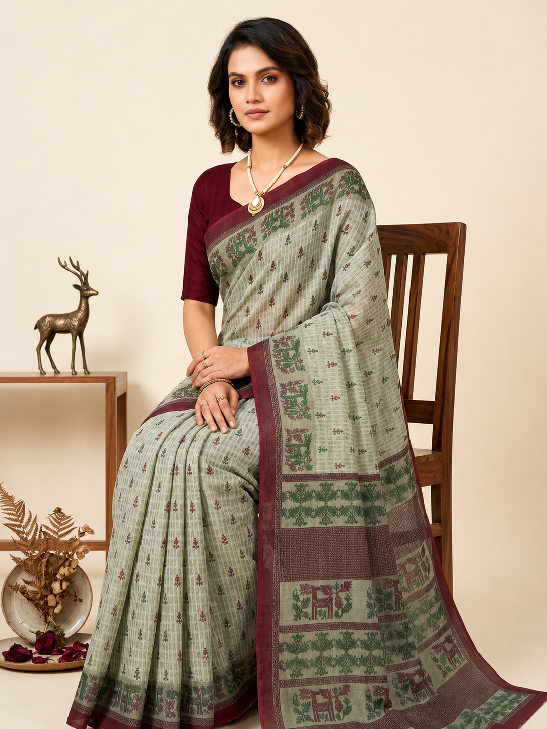 Minu fashions Printed Daily Wear Pure Cotton Saree (Grey)