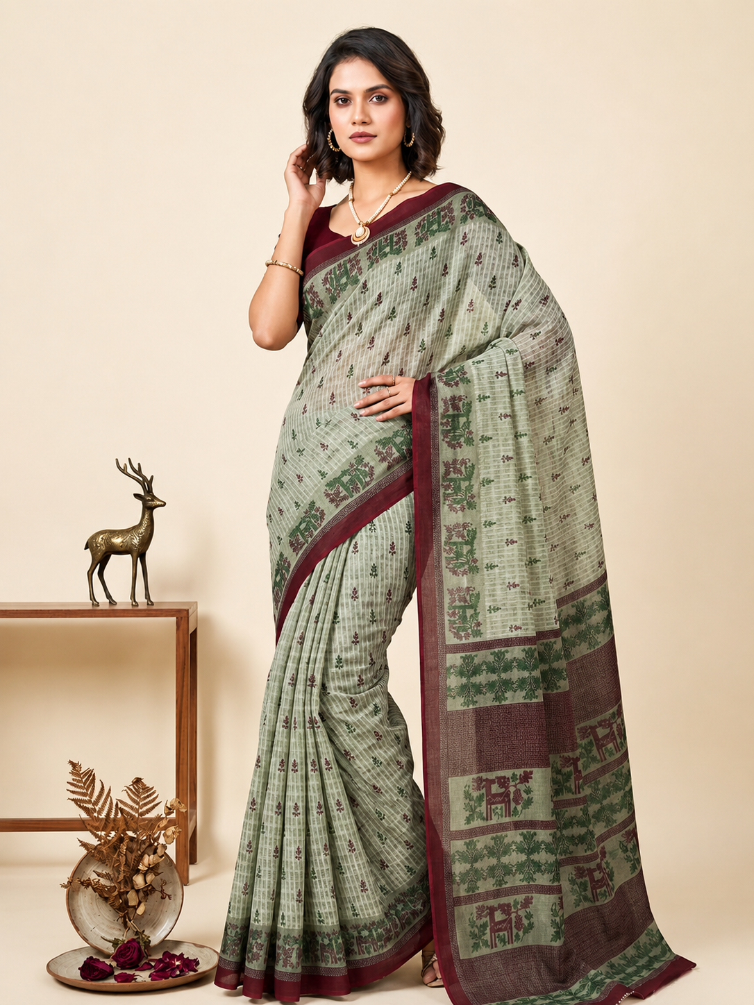 Minu fashions Printed Daily Wear Pure Cotton Saree (Grey)