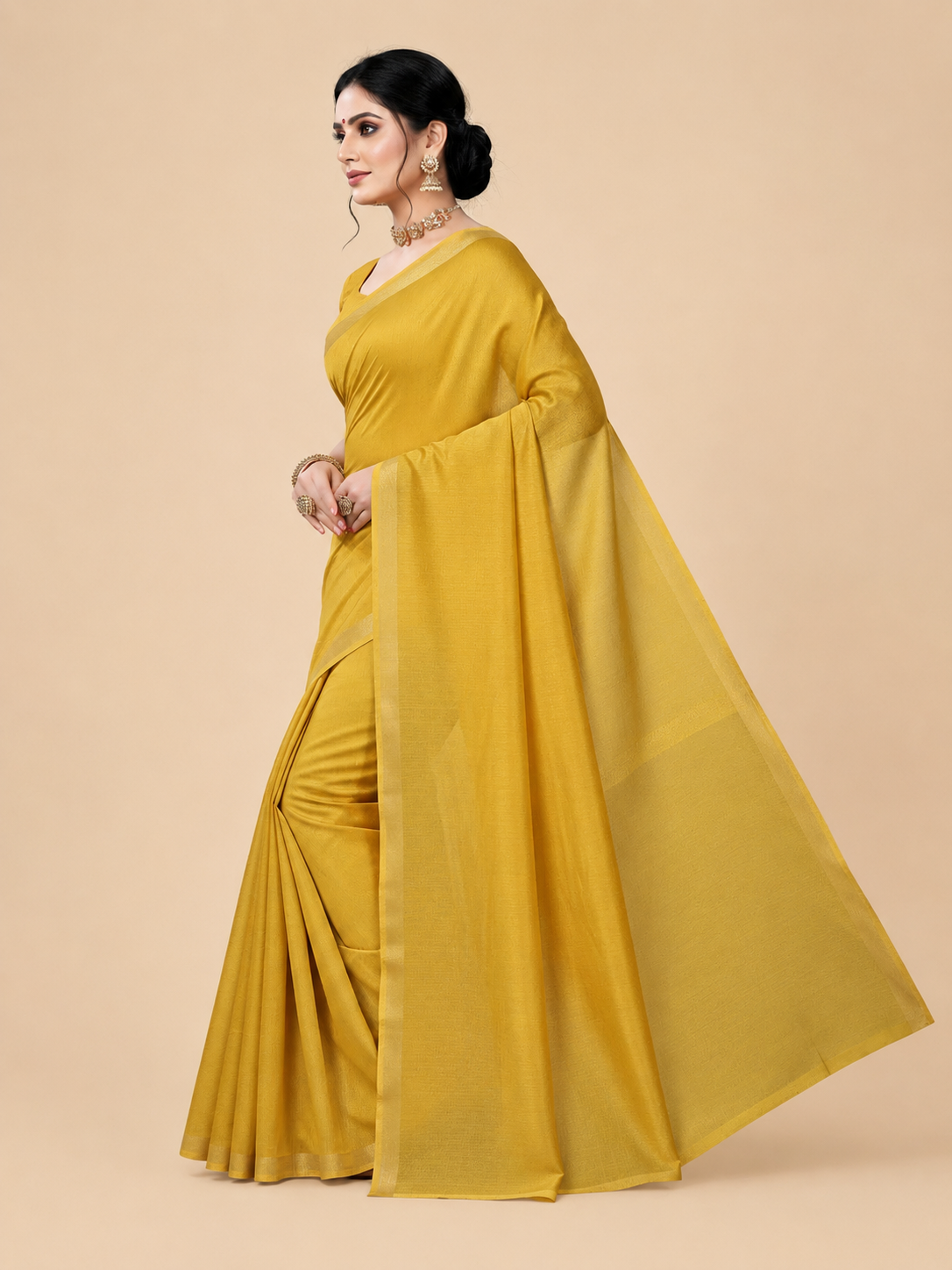 Minu fashions Printed Daily Wear Pure Cotton Saree (Yellow)