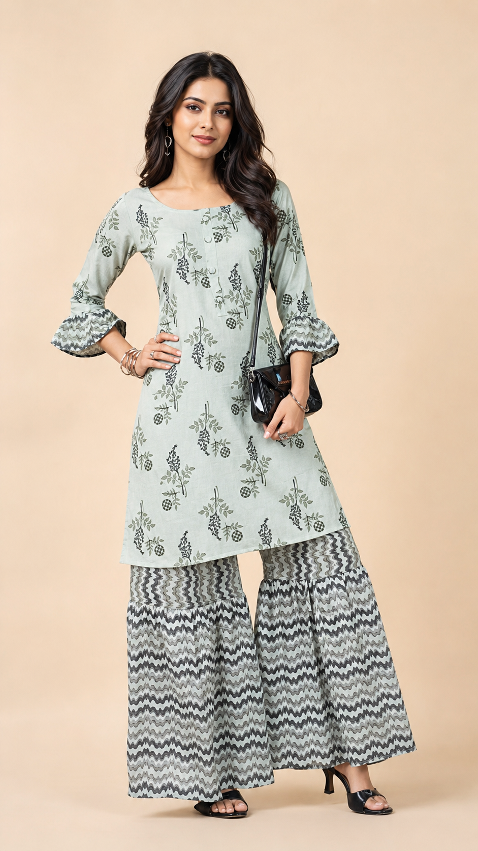 Chanderi Silk Blend Foil Printed Kurta with Palazzo Set