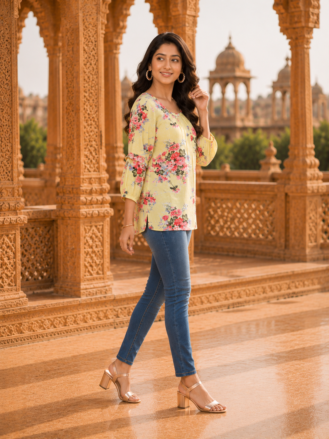 Minu Fashions Casual Floral Print Women Yellow Top (Short Kurti)