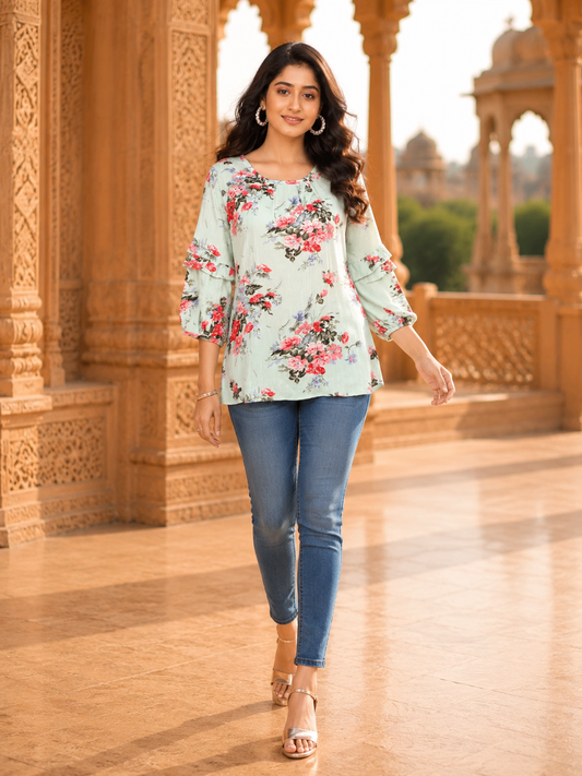 Minu Fashions Casual Floral Print Women Green Top (Short Kurti)