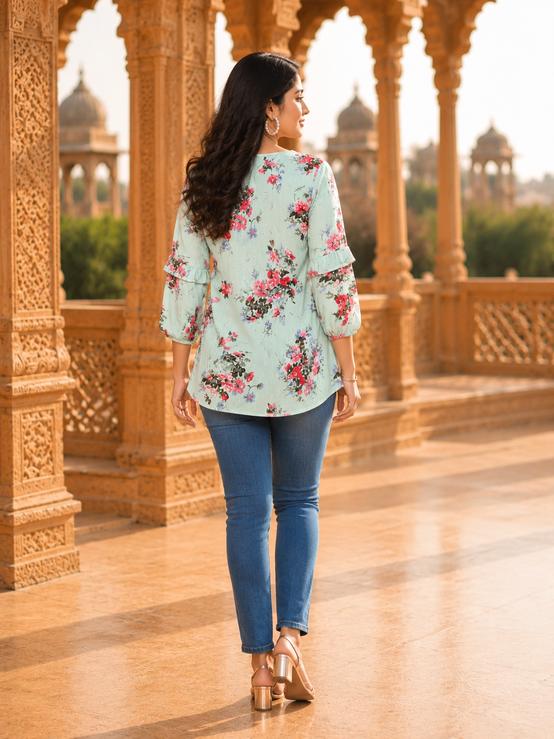 Minu Fashions Casual Floral Print Women Green Top (Short Kurti)