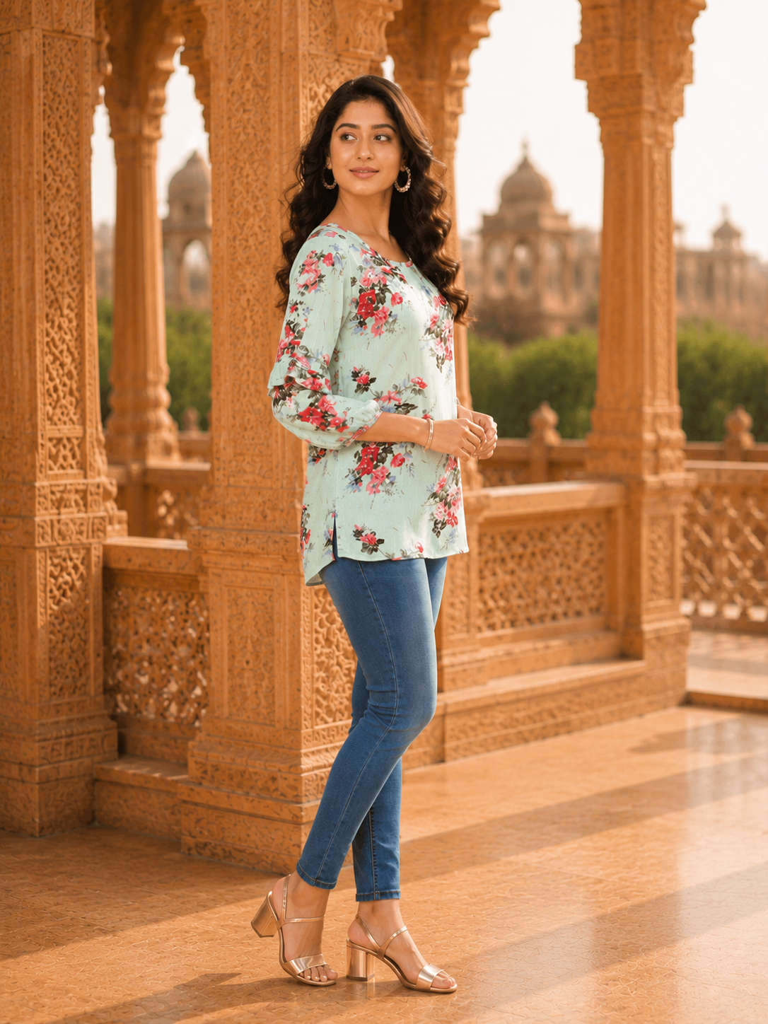 Minu Fashions Casual Floral Print Women Green Top (Short Kurti)