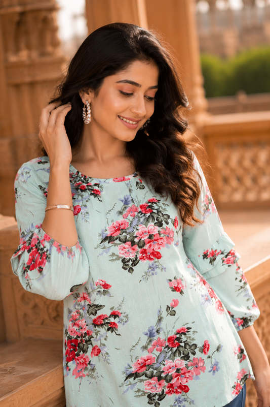 Minu Fashions Casual Floral Print Women Green Top (Short Kurti)
