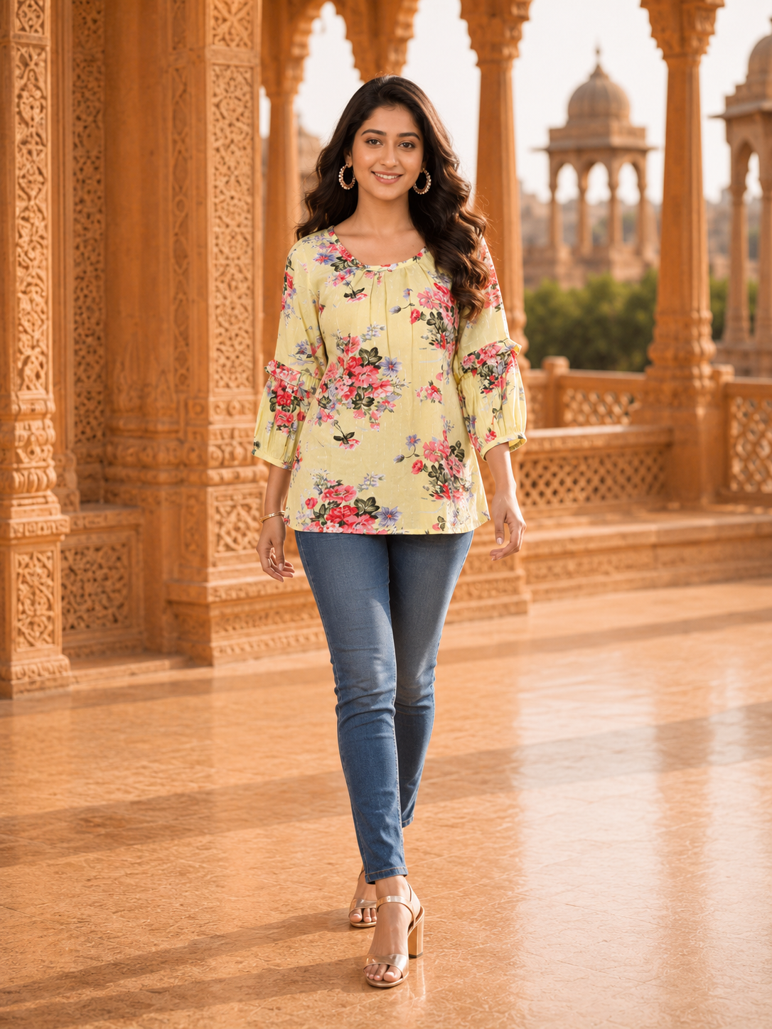 Minu Fashions Casual Floral Print Women Yellow Top (Short Kurti)