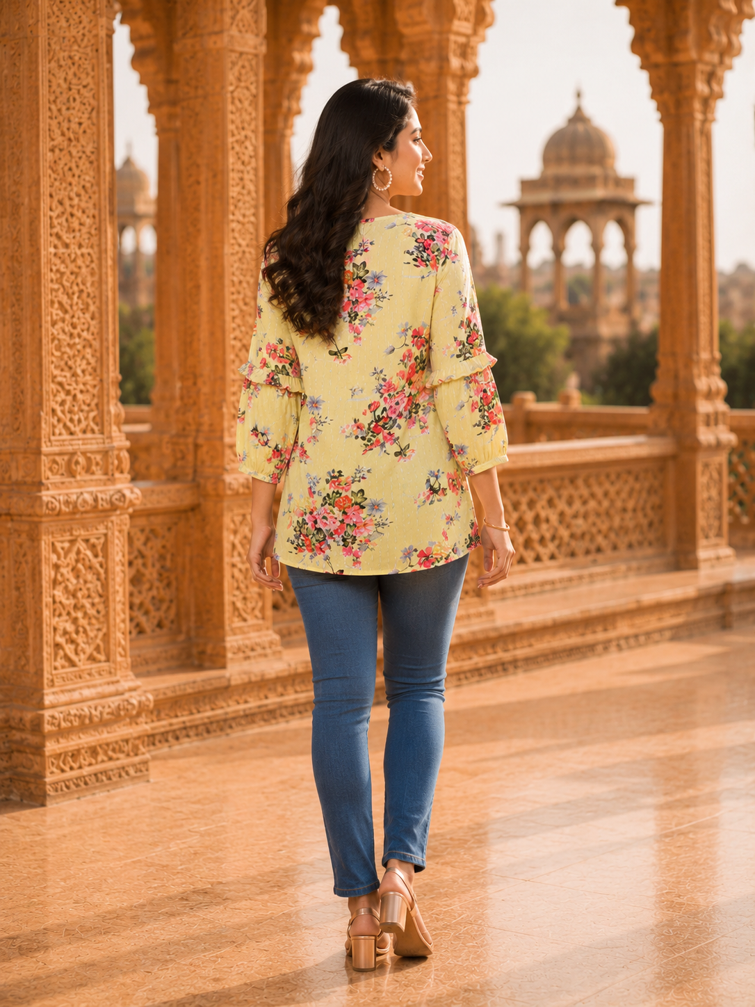 Minu Fashions Casual Floral Print Women Yellow Top (Short Kurti)