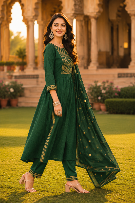 Minu fashions Embroidered Kurta, Churidar & Dupatta Set