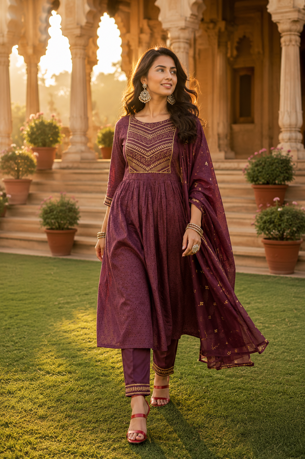 Minu fashions Purple Embroidered Kurta, Churidar & Dupatta Set