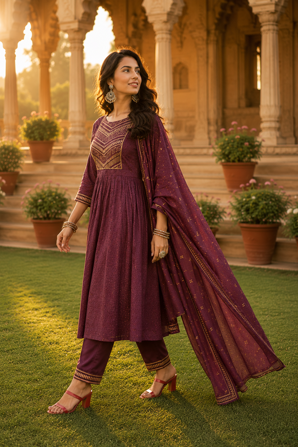 Minu fashions Purple Embroidered Kurta, Churidar & Dupatta Set