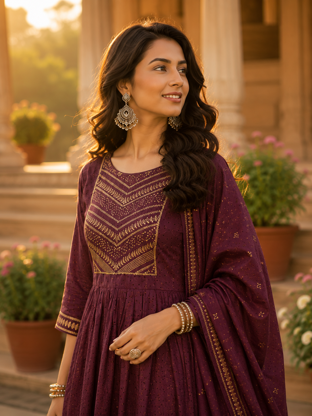 Minu fashions Purple Embroidered Kurta, Churidar & Dupatta Set