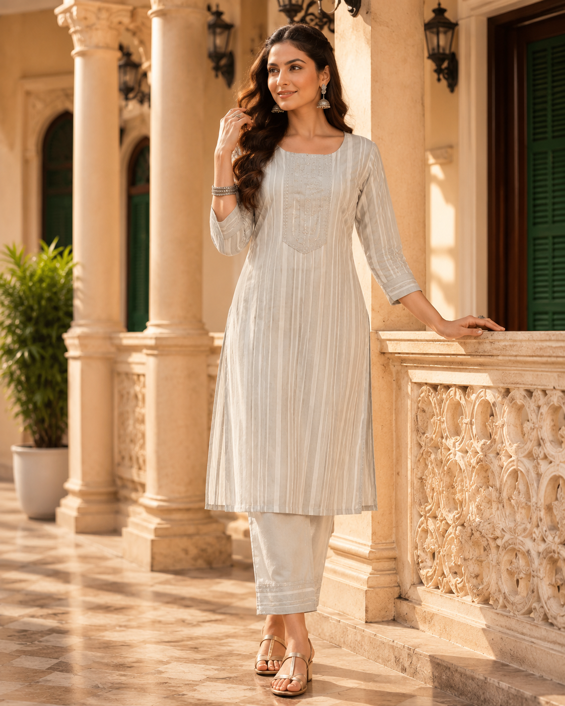 Minu Kurta-Set Sparkle Women Striped Straight Kurti with Trousers | Ank