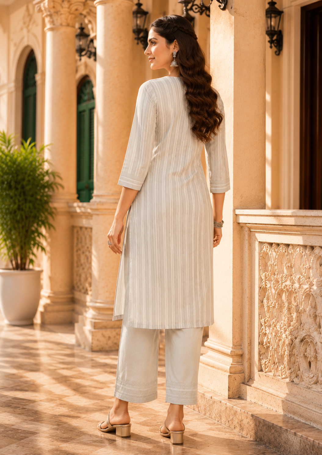 Minu Kurta-Set Sparkle Women Striped Straight Kurti with Trousers | Ank
