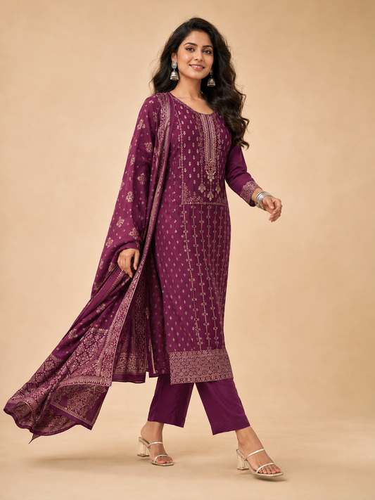 Purple Printed Pure Cotton Kurta, Pant & Dupatta Set