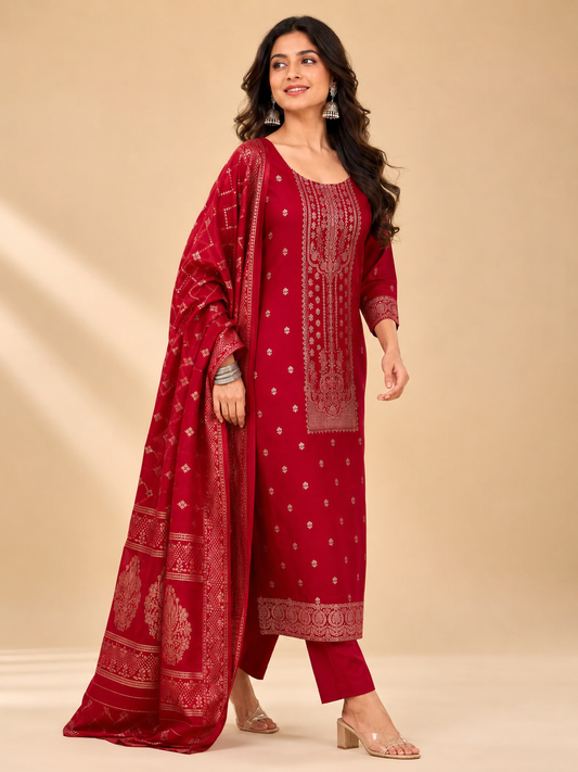 Maroon Zari Embroidered Chanderi Silk Kurta, Pant & Dupatta Set