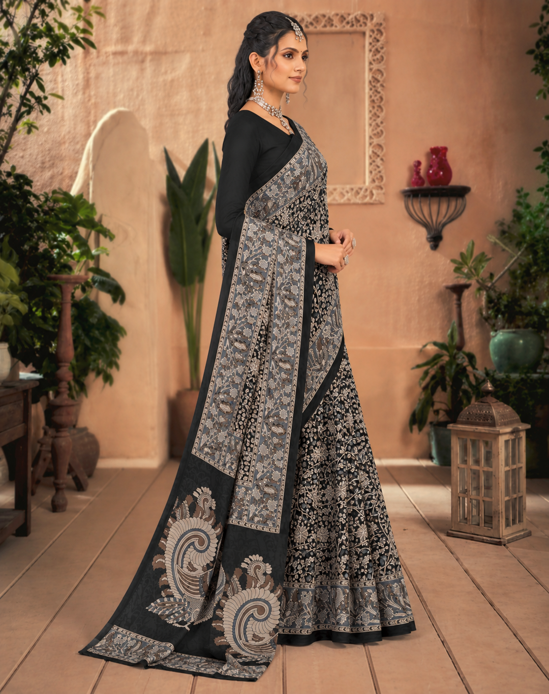 Srimoyee Traditional Black Floral Print Premium Cotton Saree