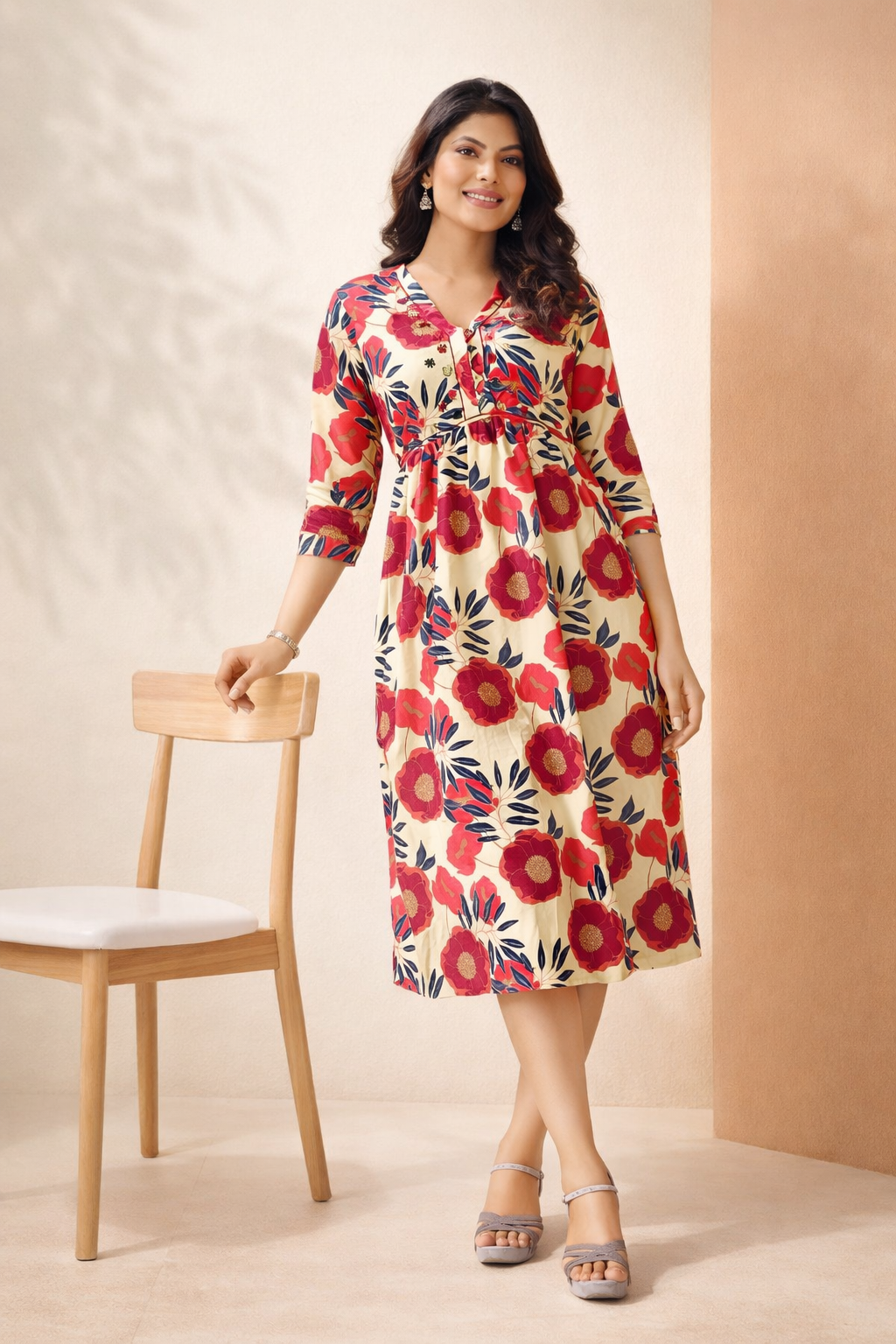 Beige & Red Bold Floral Printed