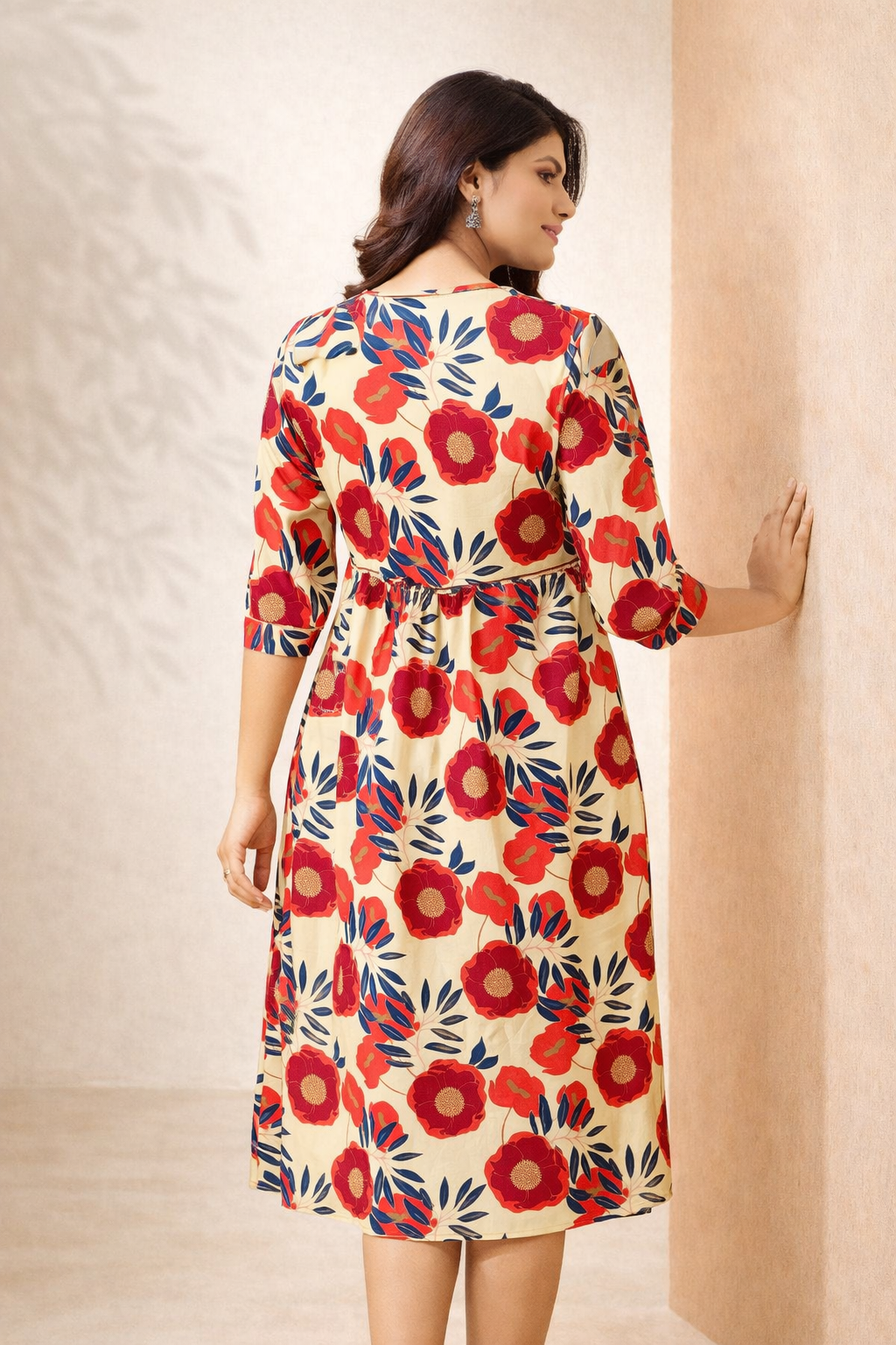 Beige & Red Bold Floral Printed