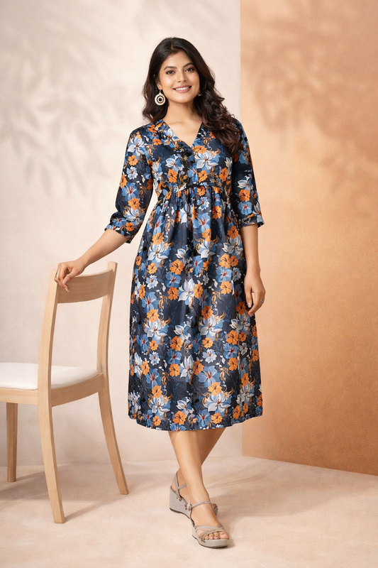 Blue and Orange Floral Print V Kurti