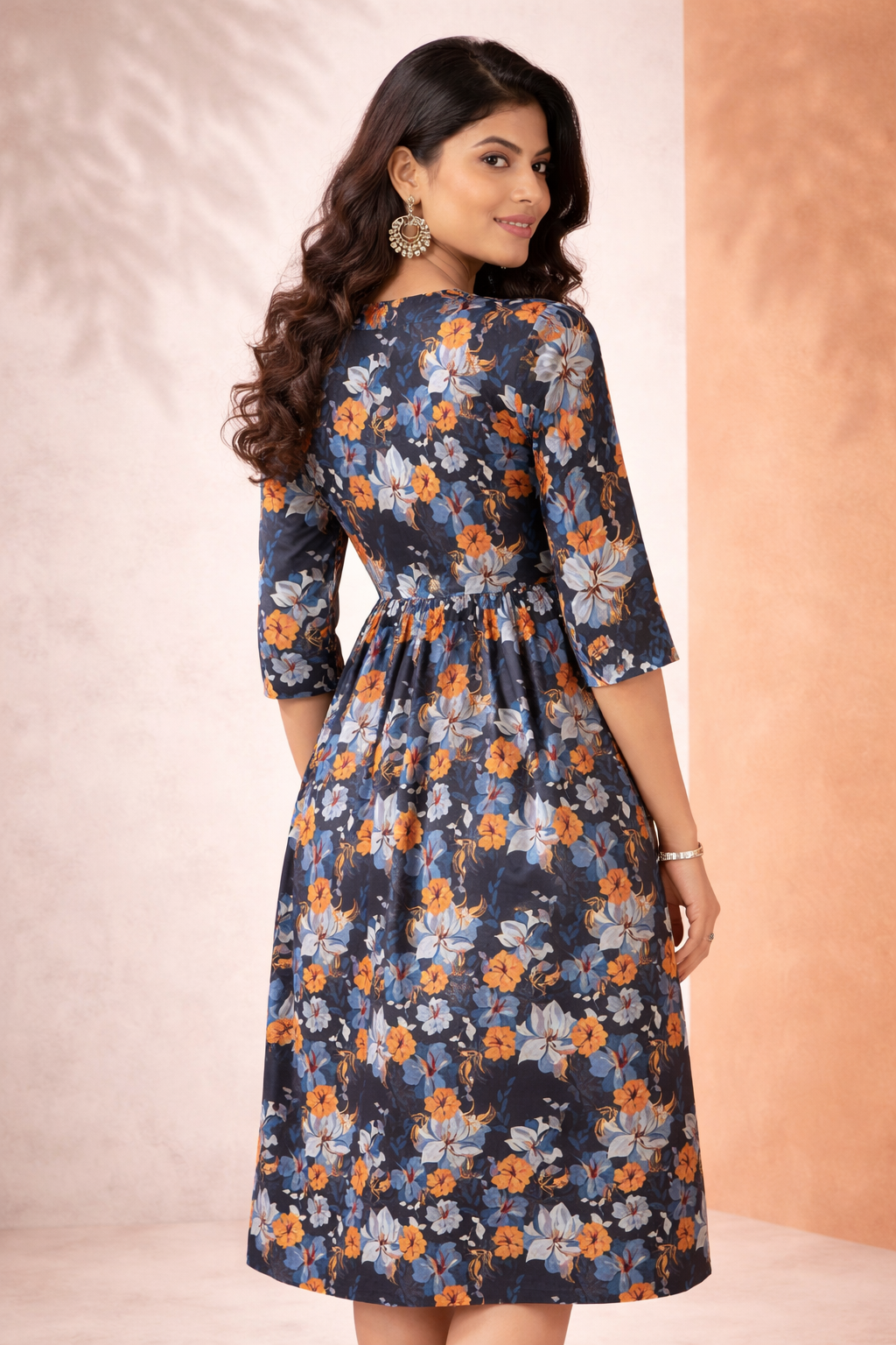 Blue and Orange Floral Print V Kurti